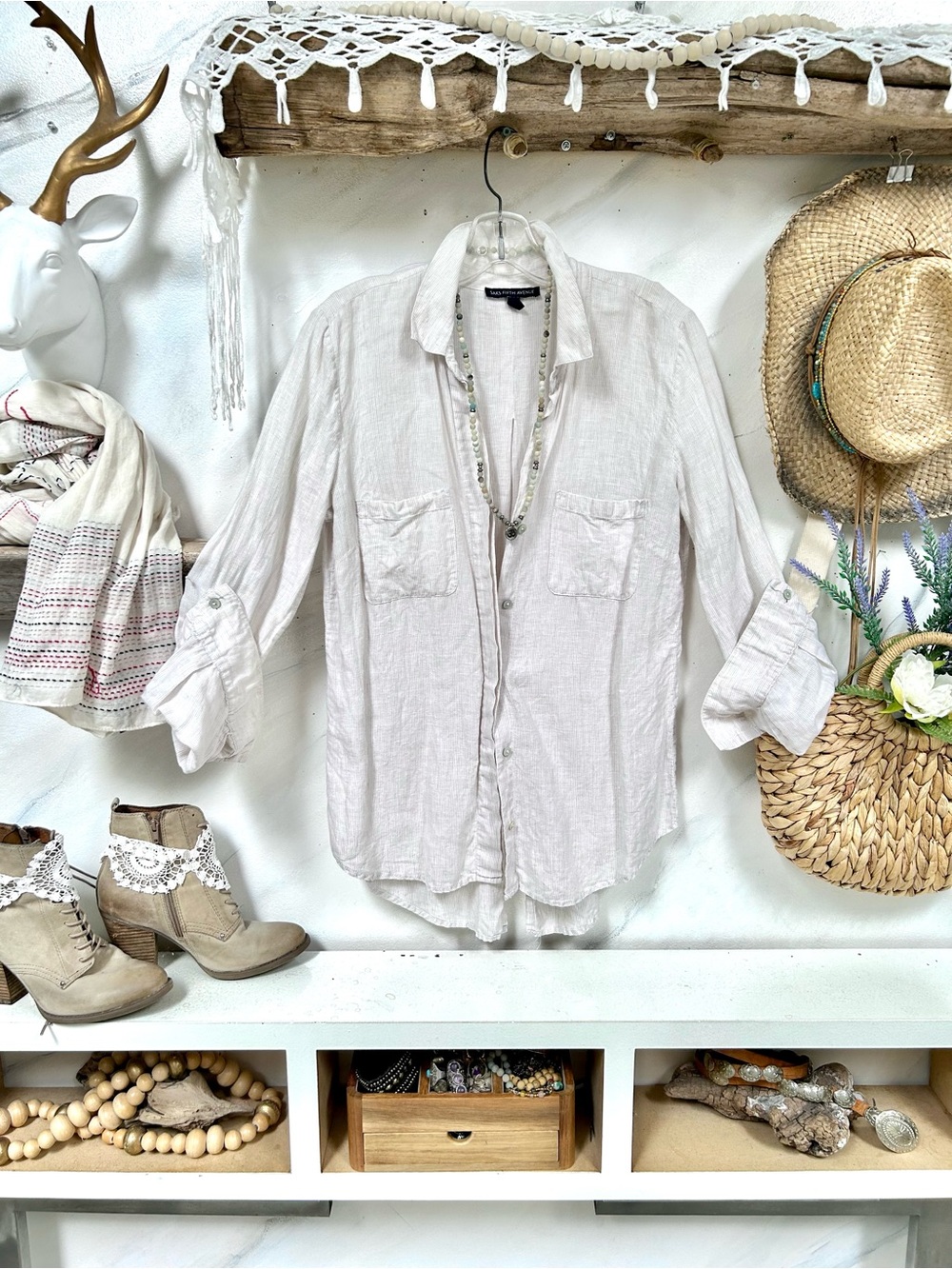 Safari LINEN Saks Fifth Avenue SHIRT/Cover up open back resort vacay beach vibe